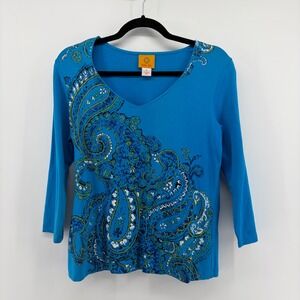Ruby Rd Blue Paisley Print‎ V Neck 3/4 Sleeve Top Women's Size Small